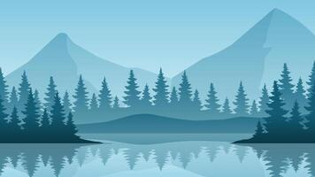 Landscape illustration of mountain with lake and coniferous trees vector