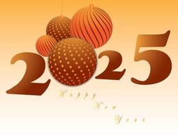 A vibrant New Year 2025 featuring orange and gold gradient tones, bold typography for the year 2025, and hanging festive balls with polka dot and striped patterns. vector