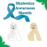 The image promotes Diabetics Awareness Month, featuring a blue ribbon with a red drop, and two illustrations of hands using a glucose meter displaying a reading of 5.5. vector