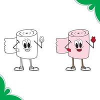 cartoon toilet paper roll character with a smiling face, wearing gloves and shoes, poses with a peace sign. This engaging and whimsical illustration features anthropomorphic elements, making it a fun. vector