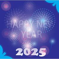 A vibrant Happy New Year 2025 with a glowing night sky filled with colorful fireworks in blue, red, and white tones. The composition features festive typography, Perfect for greeting cards vector