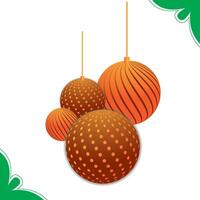 Three orange Christmas ornaments, decorated with polka dots and stripes, hang festively. Set against a white and green backdrop, these glossy baubles bring a bright, cheerful touch to holiday decor, vector