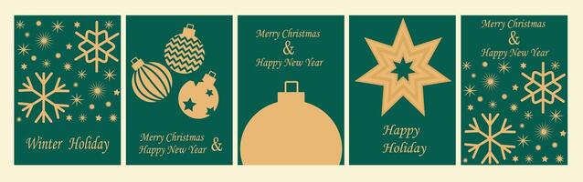 Christmas and Happy New Year card templates.Icons in abstract modern flat style.Winter poster set.Christmas tree, Christmas sock, berries, wreath and present vector