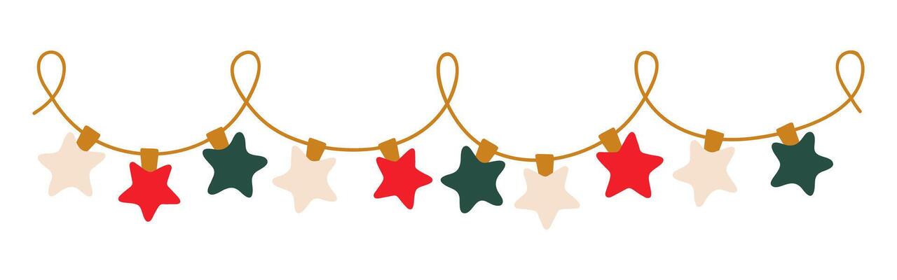 Christmas lights garland with colored star bulbs. Xmas festive string decoration with hanging retro ball. Glowing string with lamps for holiday cards, banners, posters, web. illustration.