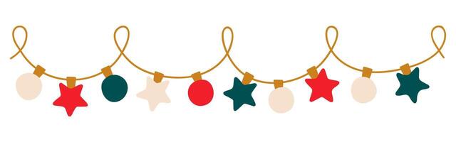 Christmas lights garland with colored star and bulbs. Xmas festive string decoration with hanging retro ball. Glowing string with lamps for holiday cards, banners, posters, web. illustration. vector