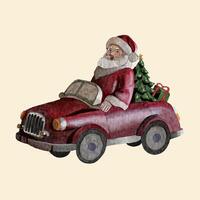 Hand drawn Santa Claus toy sits on a red car with a Christmas tree and gift boxes in the background, watercolor style. vector