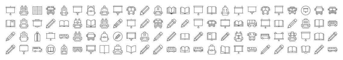 Pen, Presentation Board, Bus, School Bag, Book Line Icon Pack. Editable Stroke. Minimalistic Linear Pictogram for Design of Cards, Apps, Banners, Posts vector