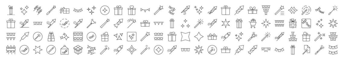 Collection of Icons of Holidays, Garlands, Magic Wand, Firework Drawn with Thin Line for apps, web sites, banners, infographics and other types of design vector