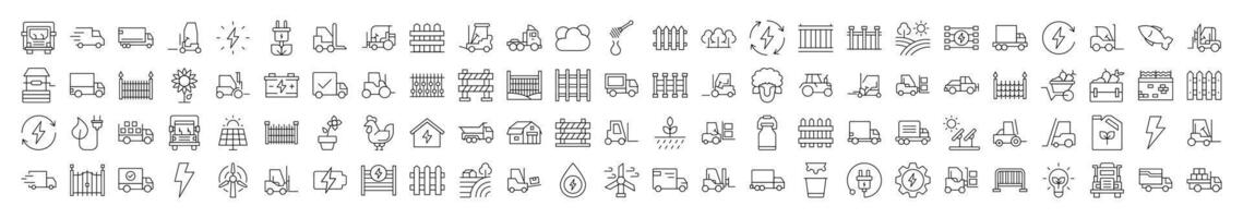 Minimalistic Linear Illustrations of Agriculture. Contains Icons of Tractor, Fence, Farm, Energy that Can Be Used for Design of Cards, Posts, Apps, Web Sites vector