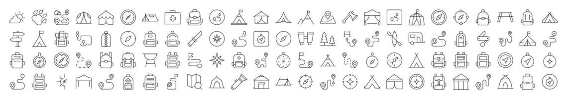 Backpack, Road, Map Pin, Compass, Tent Outline Web Line Icons Collection. Editable Stroke. Minimalistic Linear Pictogram for Design of Cards, Apps, Banners, Posts vector