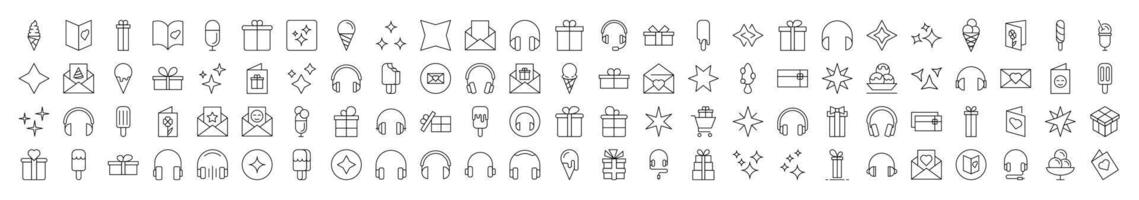 Set of Line Icons of Party, Holiday, Headphones, Postcard. Editable Stroke. Minimalistic Linear Pictogram for Design of Cards, Apps, Banners, Posts vector