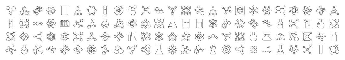 Science Line Icon Collection. Modern Collection for Design, Web Sites, Apps, Cards. Contains Linear Images of Chemical Compound, Atom, Laboratory Bulb vector
