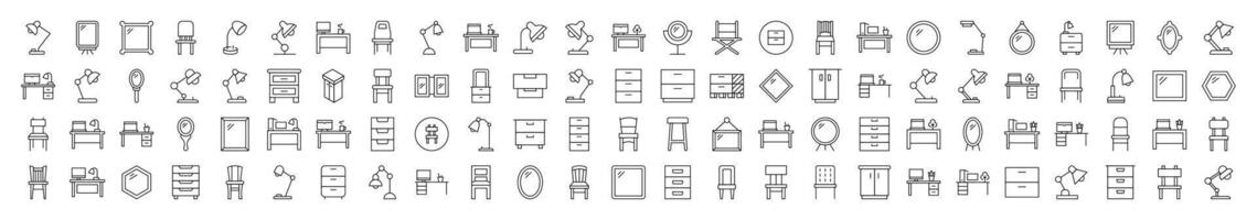 Furniture for Interior Related Outline Symbol Set. Contains Icons of Workplace, Mirror, Chair, Table Lamp for Banners, Infographics, Books, Articles and Other Types of Design vector