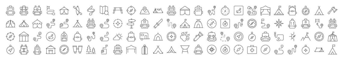 Backpack, Road, Map Pin, Compass, Tent line Icon Set. Editable Stroke. Minimalistic Linear Pictogram for Design of Cards, Apps, Banners, Posts vector