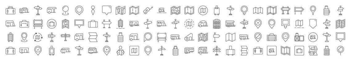 Motorhome, Map Pin, Baggage, Direction Pointer Bundle of Thin Icons. Editable Stroke. Suitable for Web Sites, Books, Cards, Apps vector