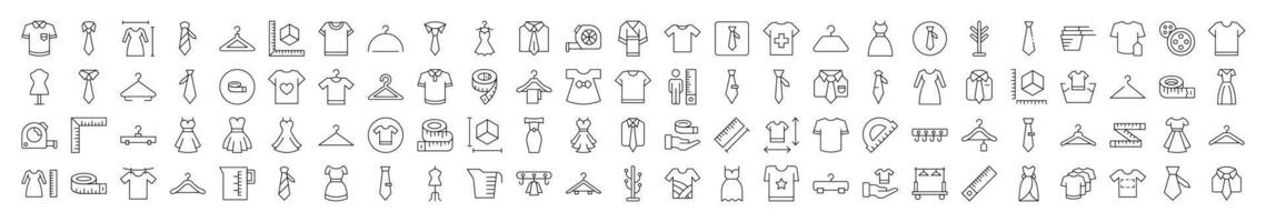 Collection of Sewing and Garment Related Line Icons. Editable Stroke for Design, Web Sites, Apps, Cards. Contains Linear Images of T Shirt, Dress, Tie, Measuring Tape, Rack vector
