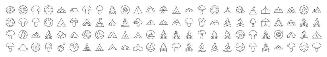 Mushroom, Mountain, Planet, Bonfire Related Linear Symbol Drawn with Thin Line for Interface, Booklets, Cards, Posts, Infographics vector