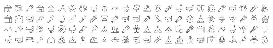 Pack of Camping Related Line Icons. Editable Stroke for Design, Web Sites, Apps, Cards. Contains Linear Images of Flashlight, Diving Mask, Tent, Axe, Insect vector