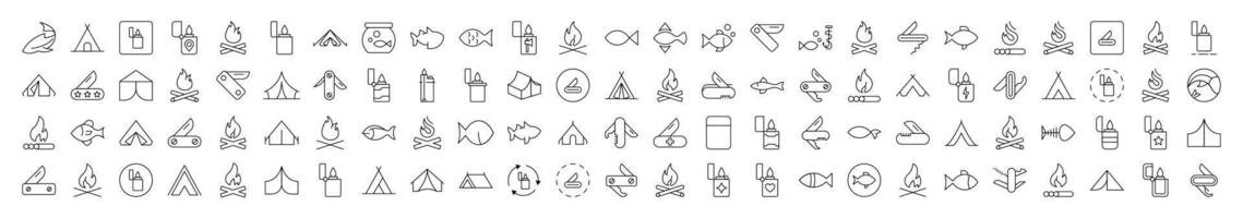 Camping Isolated Line Icons. Contains such Elements as Bonfire, Fish, Folding Knife, Tent, Lighter. It Can Be Used for Interface, Posts, Advertisements, Various Cards vector