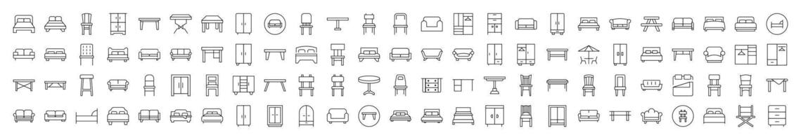 Collection of Icons of Wardrobe, Bed, Sofa, Table, Chair Drawn with Thin Line for apps, web sites, banners, infographics and other types of design vector