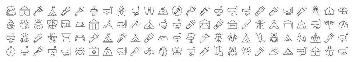 Camping Line Icon Pack. Modern Collection for Design, Web Sites, Apps, Cards. Contains Linear Images of Flashlight, Diving Mask, Tent, Axe, Insect vector