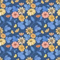 Beautiful blooming flowers design on blue color background seamless pattern. vector