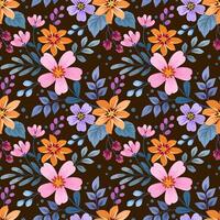 Cute colorful flowers and leaf on dark brown color pattern. vector