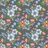 Beautiful blooming flowers design on green color background seamless pattern. vector