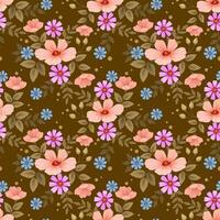 Cute colorful flowers and leaf on dark brown color background seamless pattern. vector
