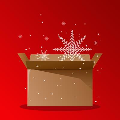 Winter delivery box. Christmas packaging. Red background, snowflakes, snow. illustration with gradient. Seasonal concept.