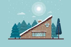 Winter house decorated with a garland for Christmas. Forest, trees and snow. Festive design for a postcard. illustration in a flat style. vector