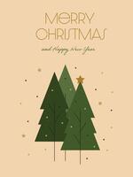 Christmas postcard. Happy New Year. Festive flat design. illustration. Christmas trees and snow. Green and gold color. vector