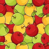 Hand drawn seamless pattern of multiple tasty organic green, yellow and red apples, rich of vitamins vector