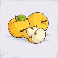 Hand drawn fresh organic healthy yellow set of full and cut out apples with seeds and green leaf vector