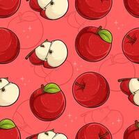 Hand drawn seamless pattern of tasty organic full and cut out sliced red apples, rich of vitamins vector