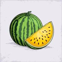 Hand drawn juicy organic yellow watermelon with a fresh slice and black seeds full of vitamins vector