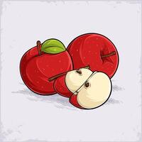 Hand drawn fresh organic healthy red set of full and cut out apples with black seeds and green leaf vector