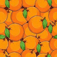 Hand drawn seamless pattern of multiple juicy organic fresh sweet oranges with green leaves on top vector