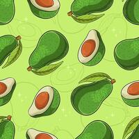 Hand drawn seamless pattern of fresh healthy green full and cut out avocado with seeds inside vector