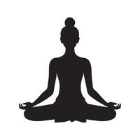 A serene yoga woman silhouette in a meditative pose, with crossed legs and hands resting in a mudra, symbolizing peace, balance, and mindfulness in a minimalist design. vector