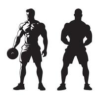 A bold gym man silhouette with a muscular build and a confident pose, symbolizing power, fitness, and determination in a minimalist design. vector