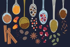 Advieh spice blend, illustration collection with cinnamon, cardamom, turmeric, nutmeg, cumin, and cloves in vintage spoons. Flat cartoon style, doodle design, Persian aromatic seasoning vector