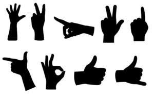 hand signs or hand gesture silhouette collection, isolated on white. Perfect hand for communication, design elements. Includes pointing, thumbs up, call me, and super hand signs vector
