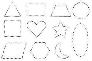 Set of dots line icons of geometric shapes. Cube, sphere, cone, cylinder, triangle and other geometrical figures. Outline signs vector