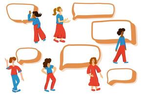Set of speech bubbles and girls characters. vector
