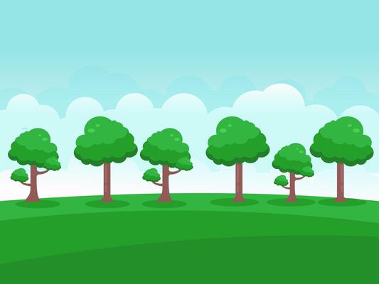 Green Landscape with trees, clouds, meadow illustration