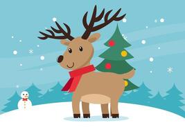 christmas deer illustration standing on snow. christmas card with snowman and christmas tree vector