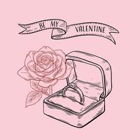 Be my valentine, card sketch engraving for valentine's day. A rose and a ring vector