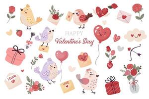 A set of cute elements for happy valentines day. Hearts, flowers, birds and more. illustration vector