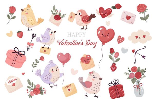 A set of cute elements for happy valentines day. Hearts, flowers, birds and more. illustration